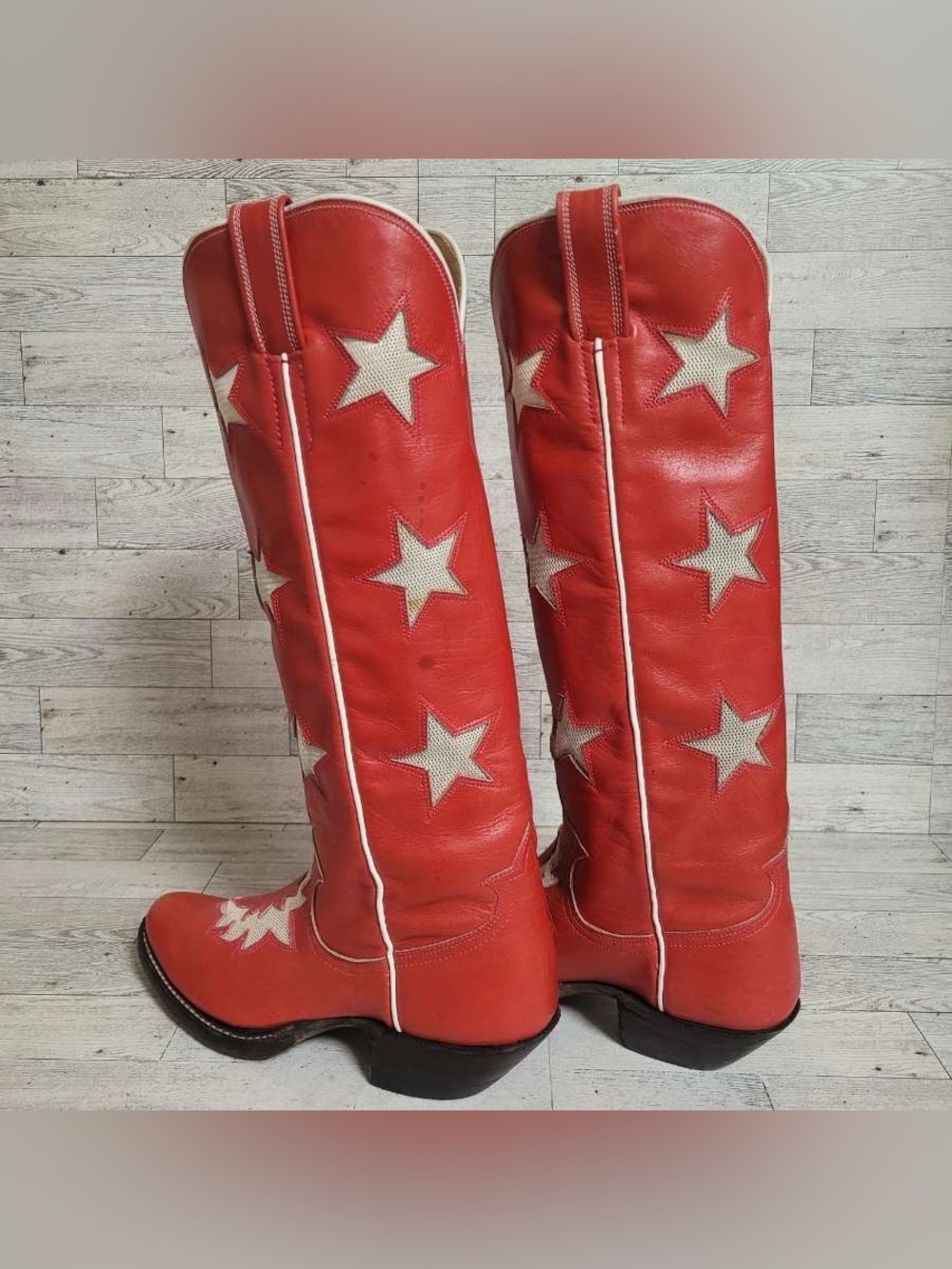 Women’s Custom Red Leather Star Inlay Patriotic Tall Rodeo Cowboy Boots Size 6 - Picture 5 of 14